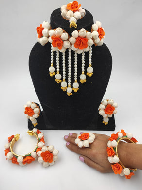 Floral Bliss: A2 Fashion White & Orange Haldi Ceremony Flower Jwellery Set