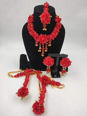 Blooming Bliss: Red Floral Fantasy Bridal Haldi Ceremony Jewelry Set