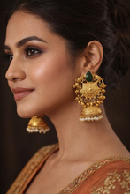 Load image into Gallery viewer, Handcrafted Antique Gold Jhumka Earrings with Green Stone &amp; Pearl Drops | Traditional Festive Jewellery