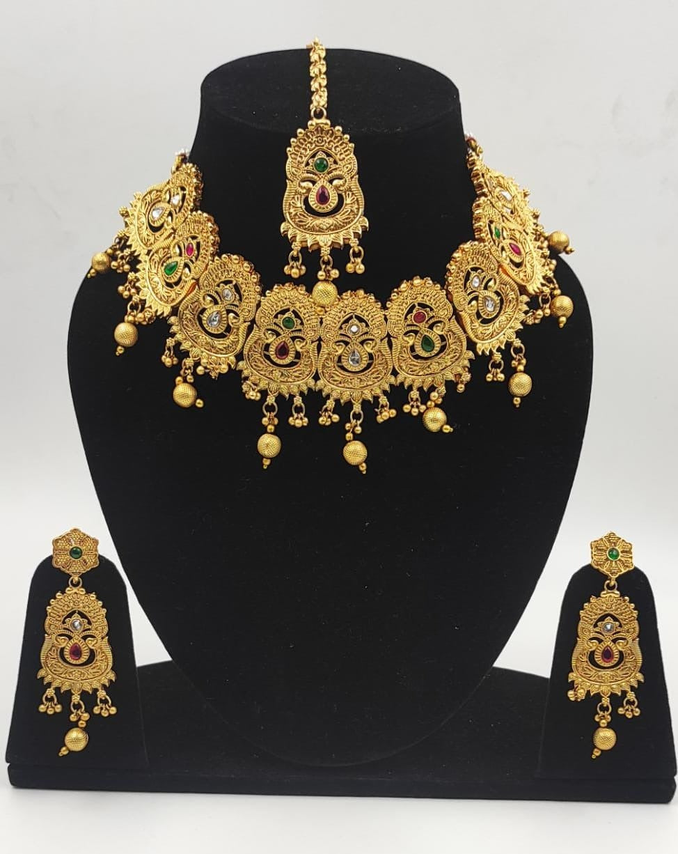 A2 Fashion Wedding Traditional Gold Plated Multicolour Stone Embellished Jewellery Set For Women