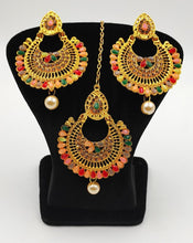 Load image into Gallery viewer, A2 Fashion Gold Plated Multicolour Stone Studded Beaded Maangtikka And Earring Set