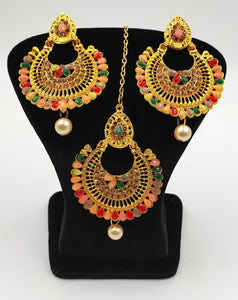 A2 Fashion Gold Plated Multicolour Stone Studded Beaded Maangtikka And Earring Set