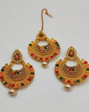 Load image into Gallery viewer, A2 Fashion Gold Plated Multicolour Stone Studded Beaded Maangtikka And Earring Set