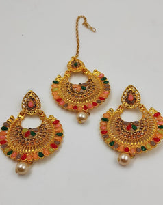 A2 Fashion Gold Plated Multicolour Stone Studded Beaded Maangtikka And Earring Set