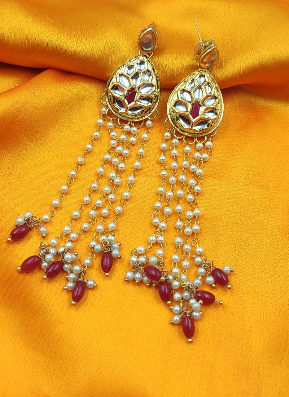 A2 Fashion Long Pearl Tassel Kundan Party Wear Earrings For Women