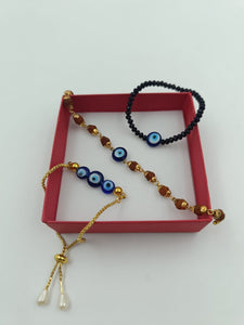 A2 Fashion Evil Eye Rakhi Combo,Set Of 1 Bhai Rakhi,1 Bhabhi Rakhi And 1 Kid Rakhi Bracelet