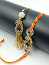 Load image into Gallery viewer, A2 Fashion Designer Stone Work Gotapatti Bhaiya Bhabhi Rakhi/Couple Rakhi Set/Rakhi Lumba Set