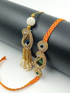 A2 Fashion Designer Stone Work Gotapatti Bhaiya Bhabhi Rakhi/Couple Rakhi Set/Rakhi Lumba Set