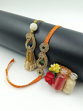 A2 Fashion Designer Stone Work Gotapatti Bhaiya Bhabhi Rakhi/Couple Rakhi Set/Rakhi Lumba Set