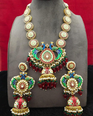 A2 Fashion Meena Work Kundan Long Necklace And Earrings set