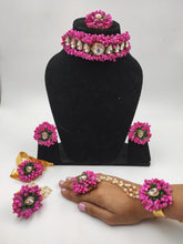 Load image into Gallery viewer, Magenta Bloom Kundan: Bridal Artificial Flower Jewelry Set for Haldi/Mehndi Ceremony