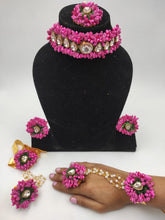 Load image into Gallery viewer, Magenta Bloom Kundan: Bridal Artificial Flower Jewelry Set for Haldi/Mehndi Ceremony