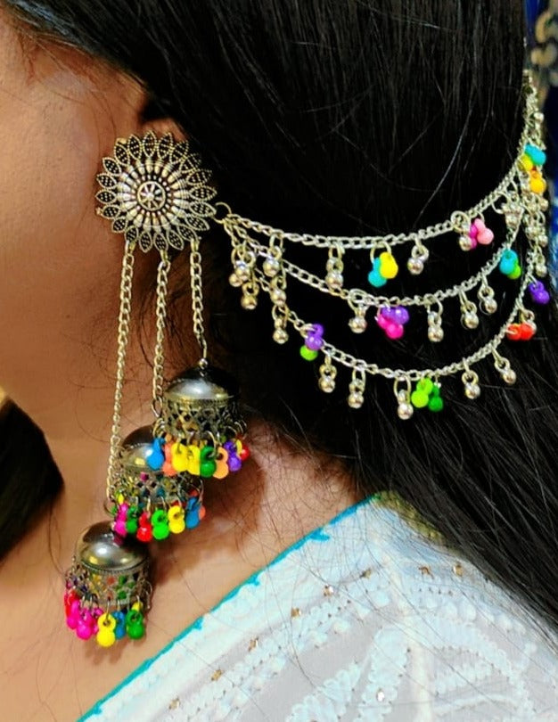 A2 Fashion Multi Layer Party Wear Oxidized Silver Jhumka Earrings For Girls