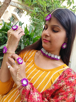 A2 Fashion Purple Mirror Work Flower Jewellery Set