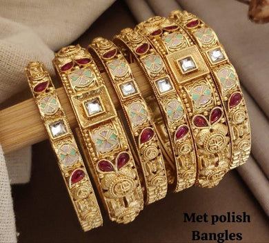 Gold Plated Kundan Brass Bangles(Set Of 6)