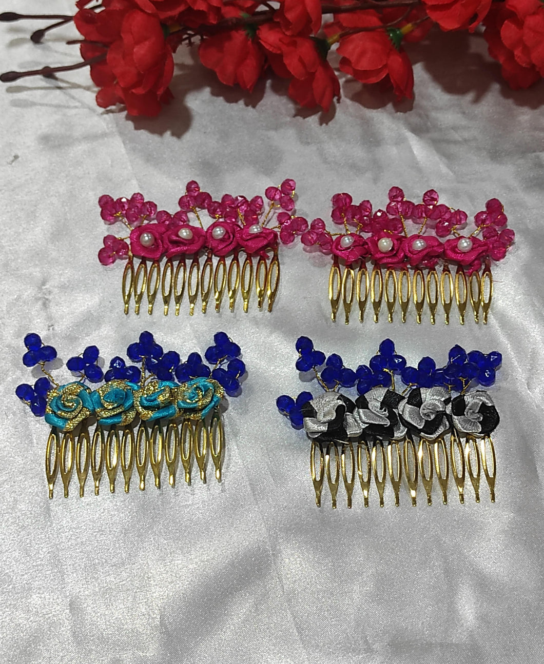 A2 Fashion Floral Hair Side Comb/ Hair Slider/ Party Wear Floral Hair Accessories (Set Of 4)