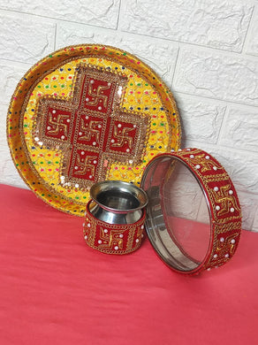 A2 Fashion Decorative Handcrafted Stainless Steel Red Karwachauth Pooja Thali Set