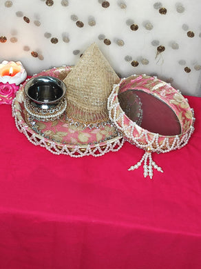A2 Fashion Decorative Handcrafted Stainless Steel Pink Karwachauth Pooja Thali Set With Cover