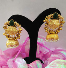 Load image into Gallery viewer, antique gold jhumka earrings with green stone and pearl drops”