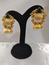 Load image into Gallery viewer, Handcrafted Antique Gold Jhumka Earrings with Green Stone &amp; Pearl Drops | Traditional Festive Jewellery