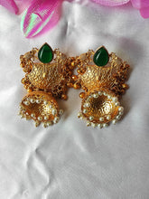 Load image into Gallery viewer, Handcrafted Antique Gold Jhumka Earrings with Green Stone &amp; Pearl Drops | Traditional Festive Jewellery