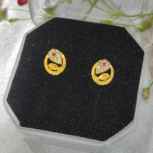 Load image into Gallery viewer, Gold Finish Oval Stud Earrings with CZ &amp; Pink Stone | Traditional Floral Ethnic Daily Wear Earrings for Women