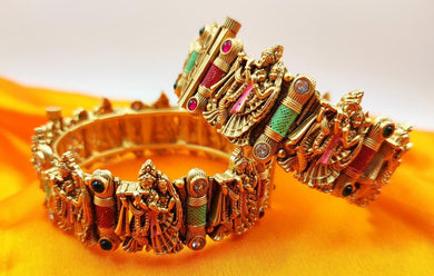 A2 Fashion Radha Krishna Antique Gold Plated Meenakari Openable Kada/Bangle