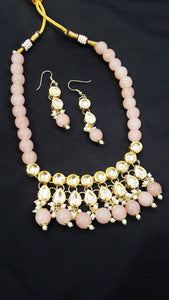 Gold Plated Beaded Kundan Necklace And Earring Set