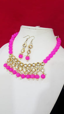 Gold Plated Beaded Kundan Necklace And Earring Set