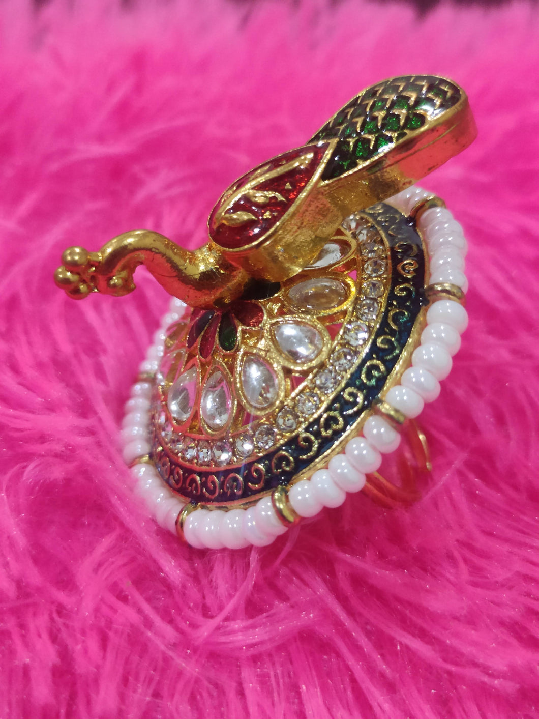 A2 Fashion Gold Plated Kundan Meenakari Party Wear Peacock Ring For women