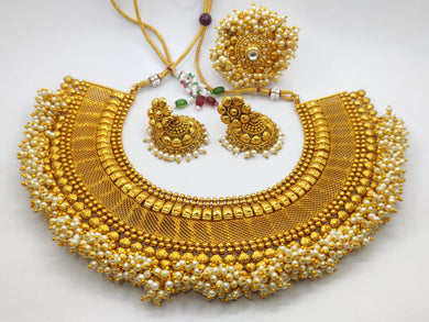 Gold Plated Pearl Embellished Antique Finish Copper Based Jewelry Set