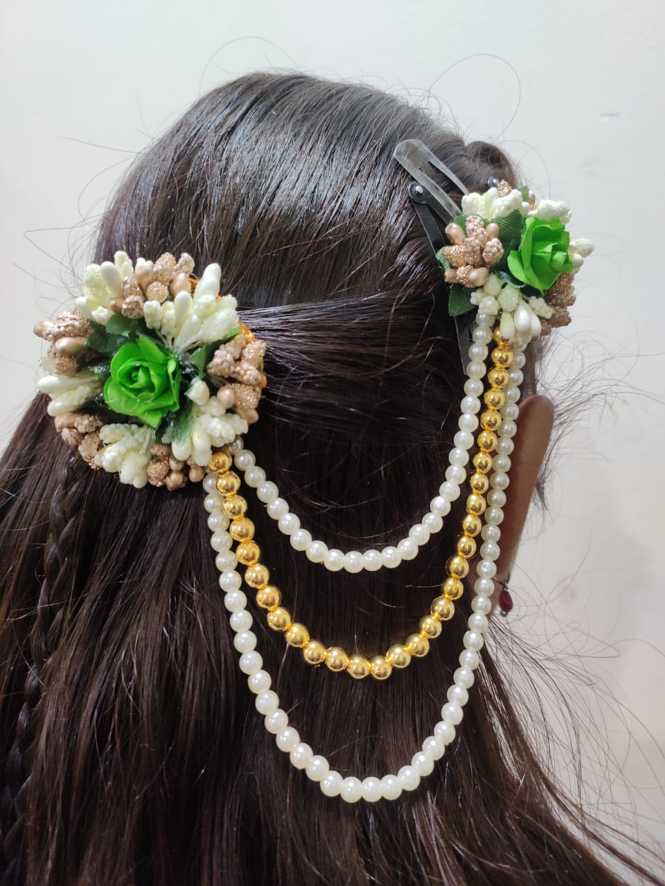 A2 Fashion Designer Pearl Flower Embellished Handmade Green Hair Jewelley/Accessories