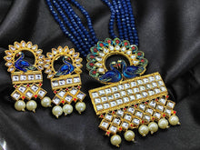 Load image into Gallery viewer, A2 Fashion Blue Beaded mayur Pendent Kundan Necklace And Earrings Set