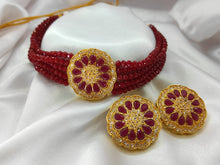 Load image into Gallery viewer, A2 Fashion Mehroon American Diamond Beaded Choker And Earring Set