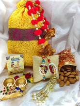 Load image into Gallery viewer, Exclusive Potli Of Bhai Bhabhi Stone Rakhi With Almonds And Kumkum Plate