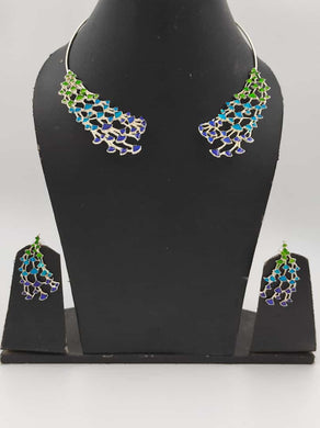 Oxidized Silver Multi-coloured Enameled Hasli Necklace And Earring Set