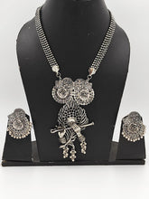 Load image into Gallery viewer, Oxidized Silver Mayur Pankh Pendent Long Necklace And Earring Set, Krishna Inspired Jewelry Set