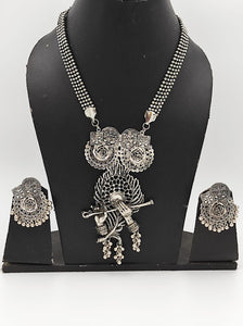 Oxidized Silver Mayur Pankh Pendent Long Necklace And Earring Set, Krishna Inspired Jewelry Set