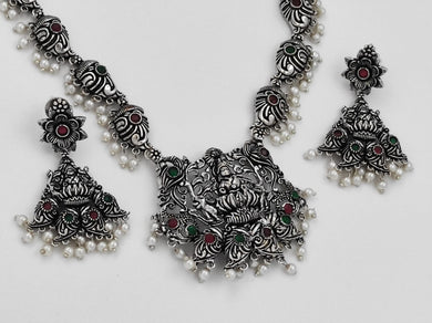 Oxidized Silver Spiritual Delight Goddess Laxmi Necklace And Earring Set