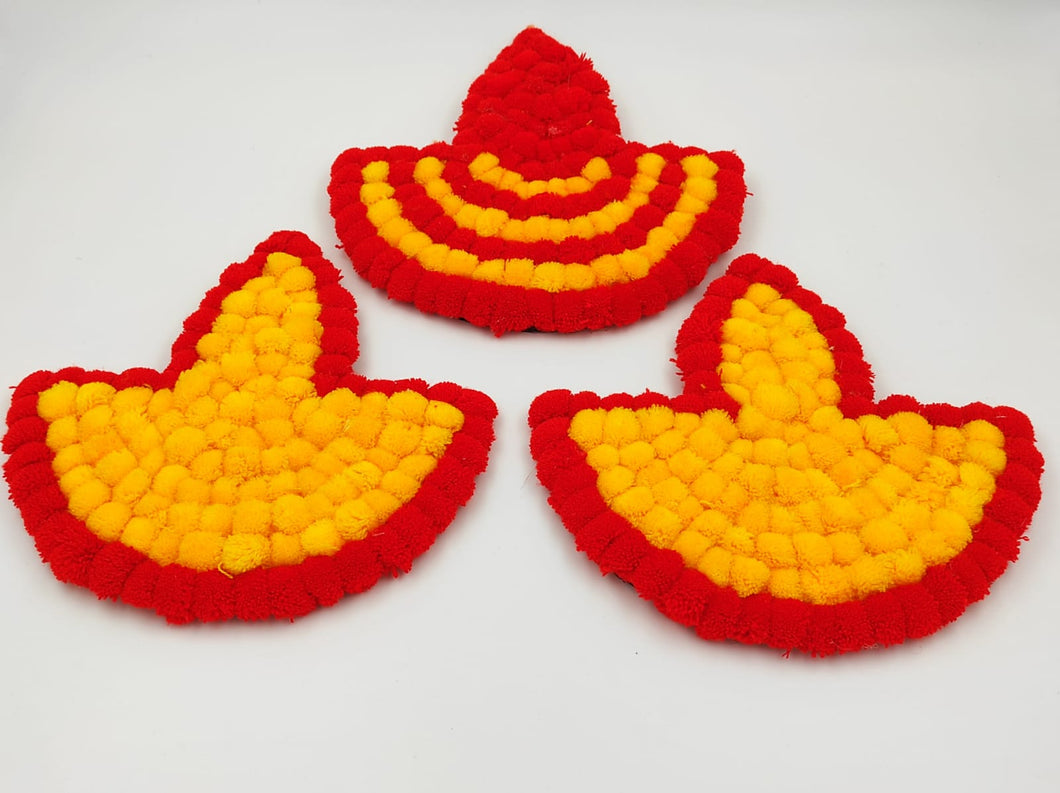 A2 Fashion Colourfull Pompom Diya Rangoli (Set of 3)