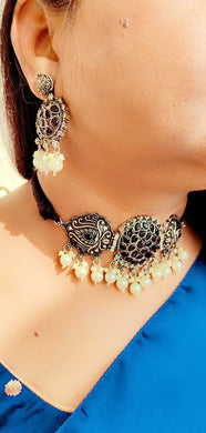 A2 Fashion Oxidized silver Stones Studded Necklace And Earring Set