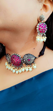 A2 Fashion Oxidized silver Stones Studded Necklace And Earring Set