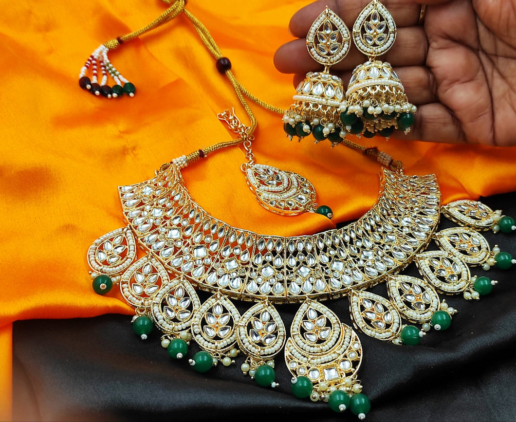 Kundan with hydro crystal necklace earrings mangtika set Green in Colo –  Swatam Fashion