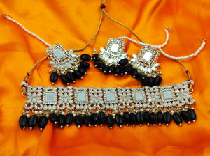 A2 Fashion- Shimmering Mirror Choker, Earring, Maangtika Set