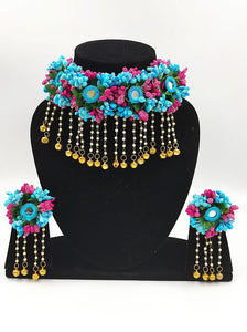 A2 Fashion Blue Pink Mirror Work jewellery Set For Haldi Mehndi Ceremony