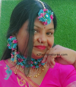 A2 Fashion Blue Pink Mirror Work jewellery Set For Haldi Mehndi Ceremony
