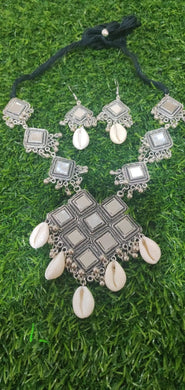 A2 Fashion Afghani Bohamian Oxidized Silver Mirror Necklace And Earring Jewelry set