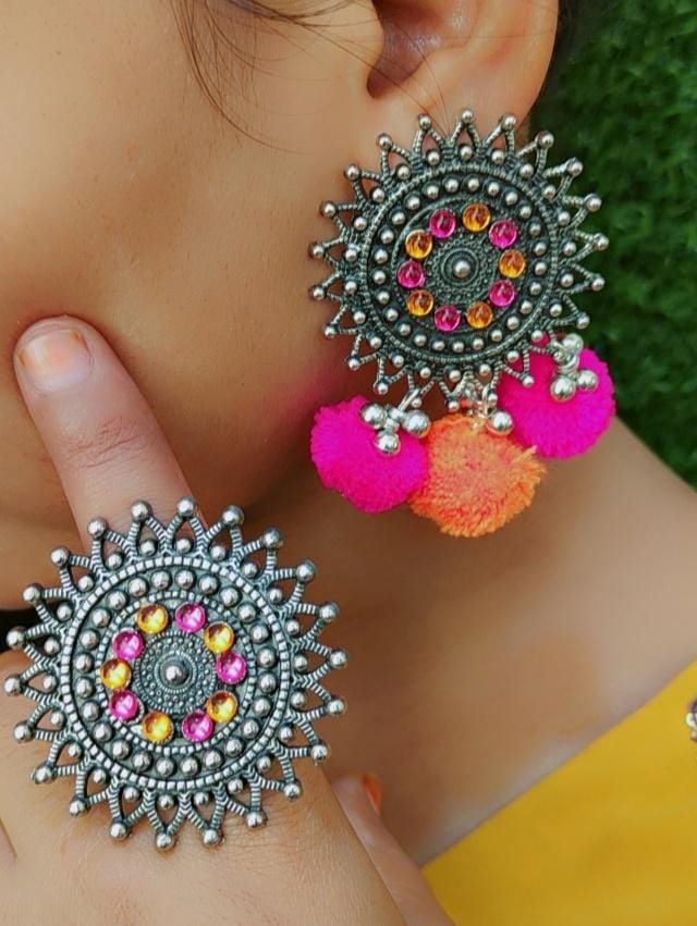 A2 Fashion German Silver Stone Studded Pompom Earrings