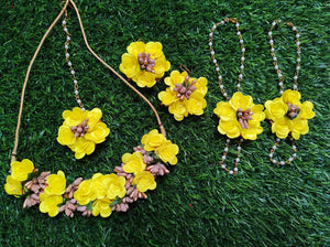 A2 Fashion Latest Design Artificial Flower Jewelry Set for Women and Girls (Yellow,Golden) For Haldi/Mehndi/Sangeet And Baby Shower